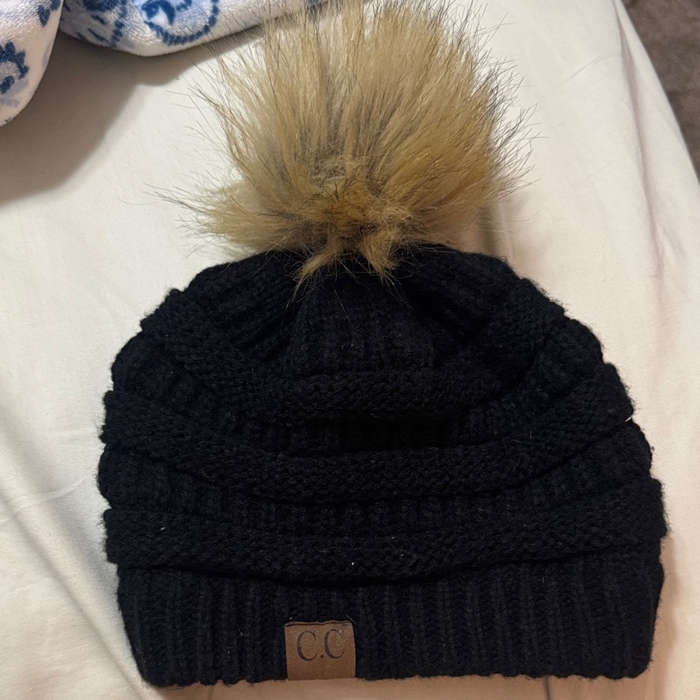 C.C Black Beanie with Tan Faux Fur Pom